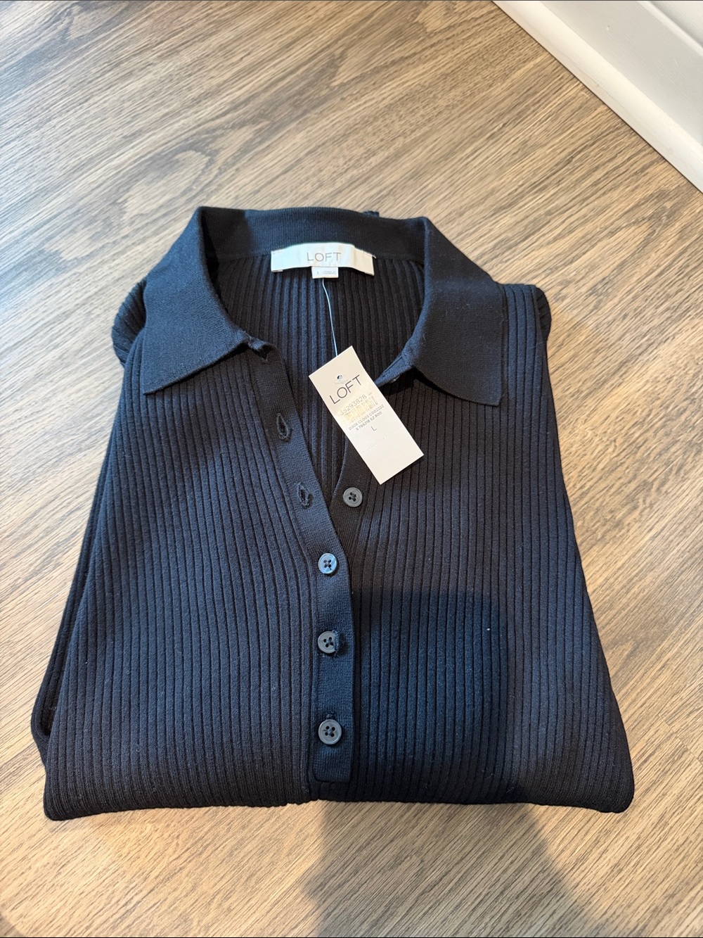 LOFT Black Ribbed Polo-Style Button Cardigan